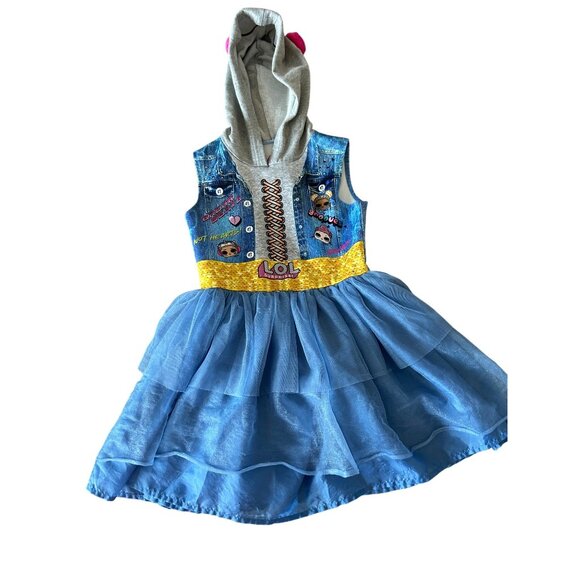 LOL Surprise Girls Hoodie Dress With Denim Print & Tulle Skirt Sequin Belt & Fun - Picture 1 of 7